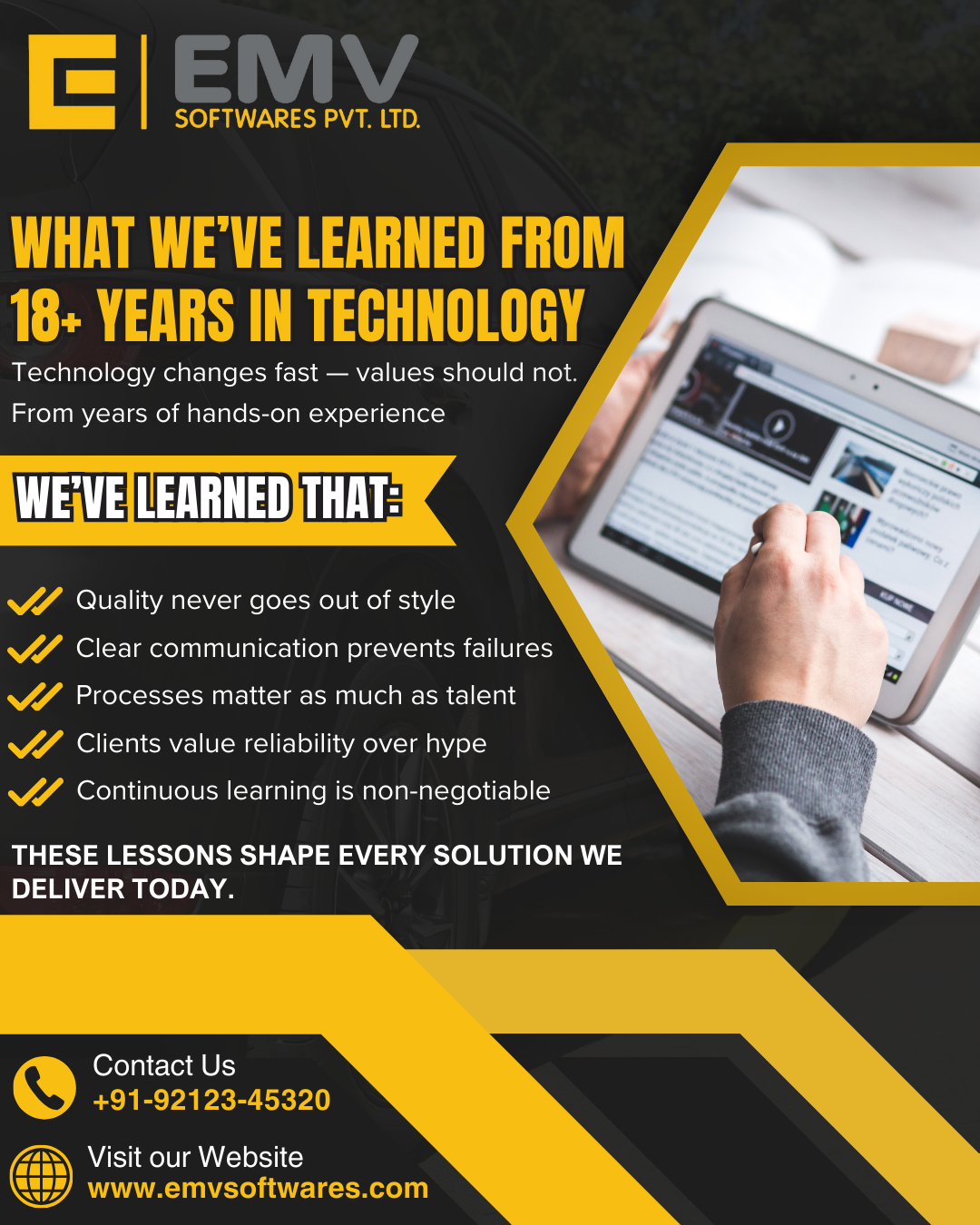 EMV Softwares team reflecting on over 18 years of innovation and success in technology solutions.